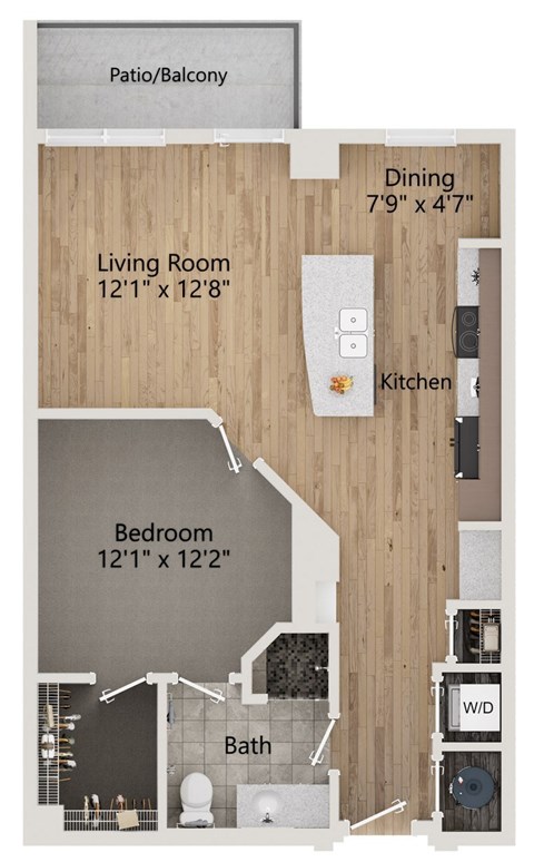 Floor plan for 1 bed, 1 bath, 824 sqft
